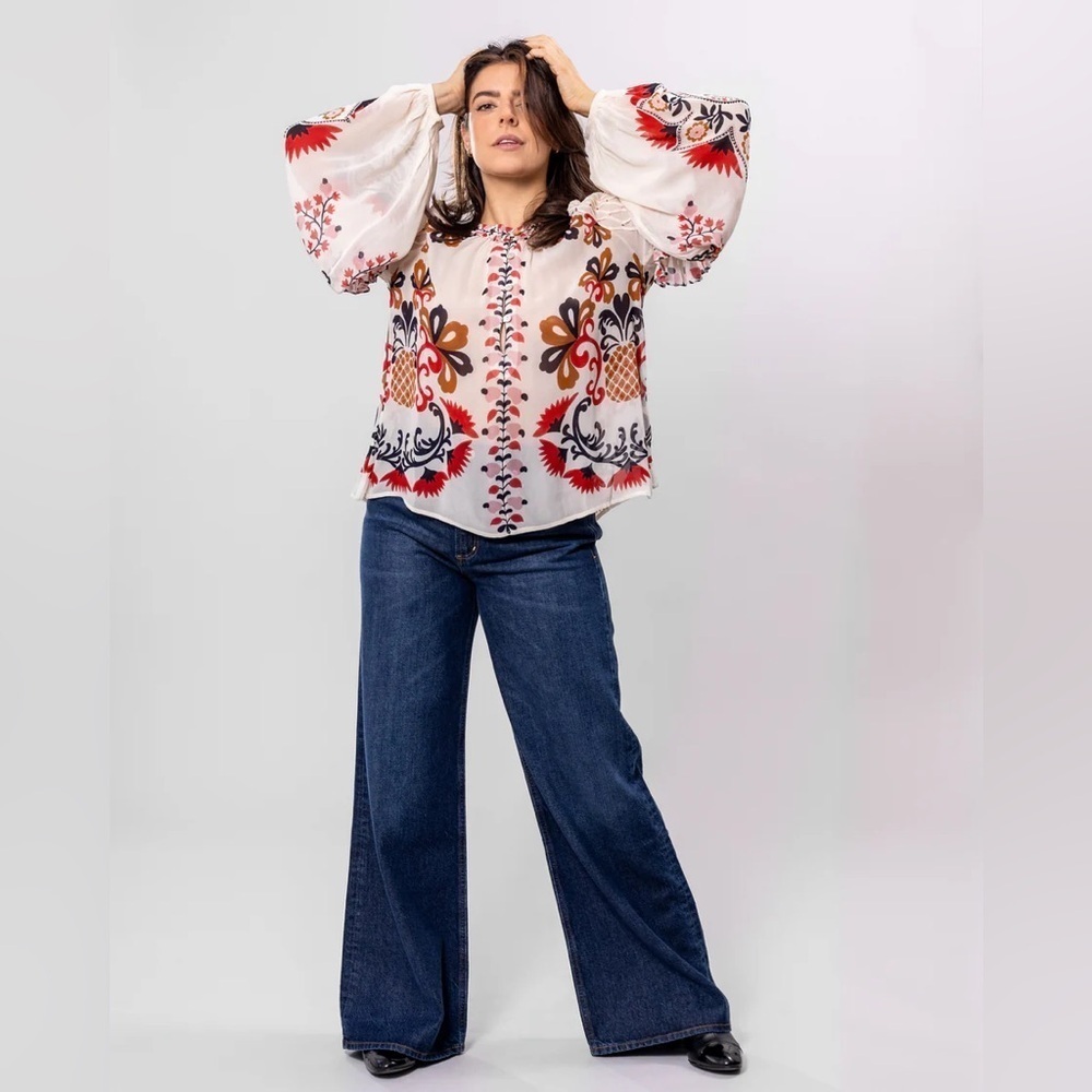 Farm Rio: Cream Cashew Mandala Embroidered Blouse - Picture 6 of 12
